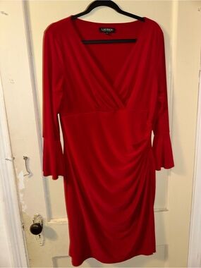 Ralph Lauren Red V-Neck Draped Long-Sleeve Dress